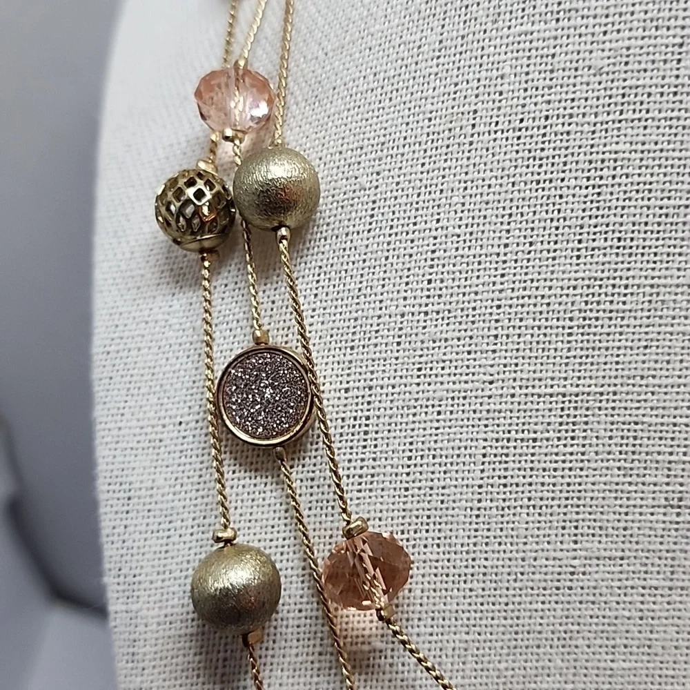 Three Strand Station Bead Ball Crystal Faux Pave Necklace - Picture 5 of 8